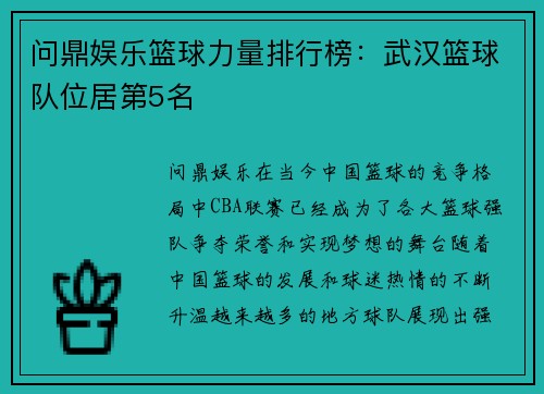 问鼎娱乐篮球力量排行榜：武汉篮球队位居第5名